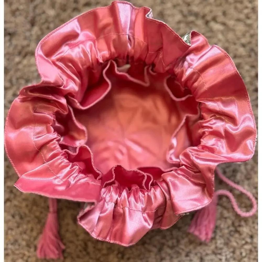 Vintage Satin Pink Drawstring Handbag Pouch Floral Lining Pink Tassels